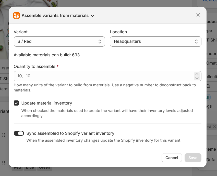 Shopify admin assemble variants dialog