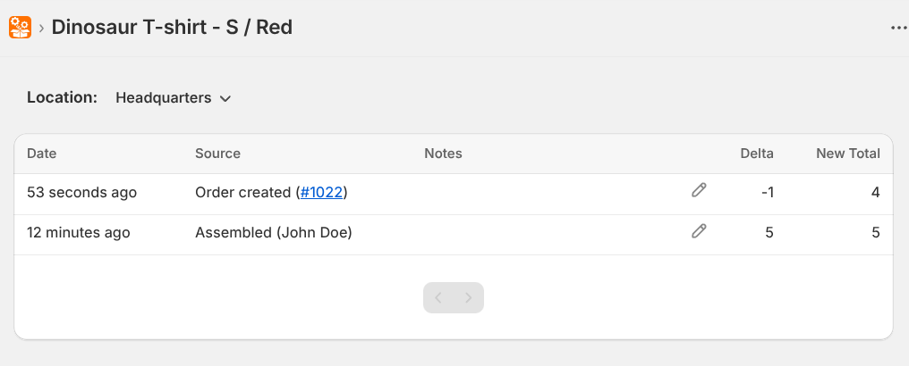 Shopify admin add assembled variants adjustment history