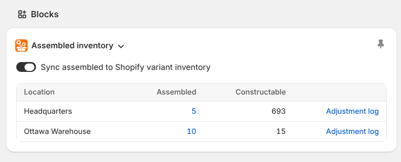Shopify admin add assembled variants block