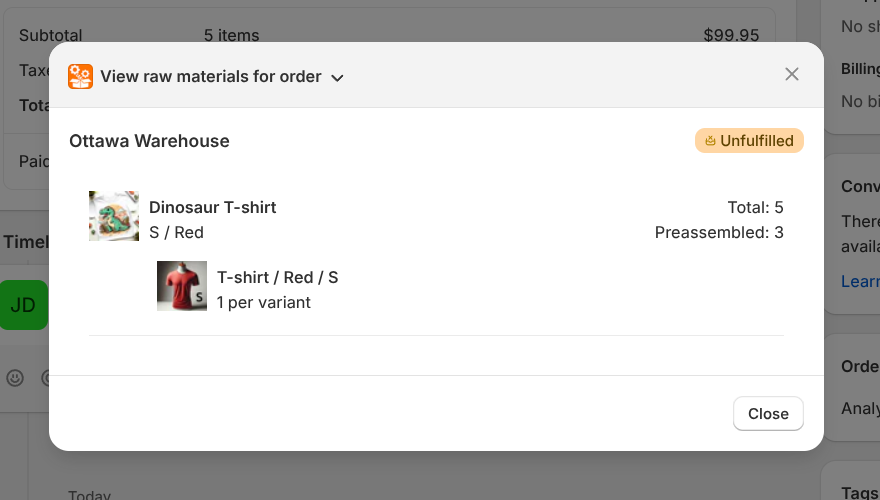 Shopify admin assembled variants order dialog