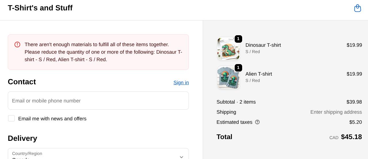 Example checkout validation error for shared materials