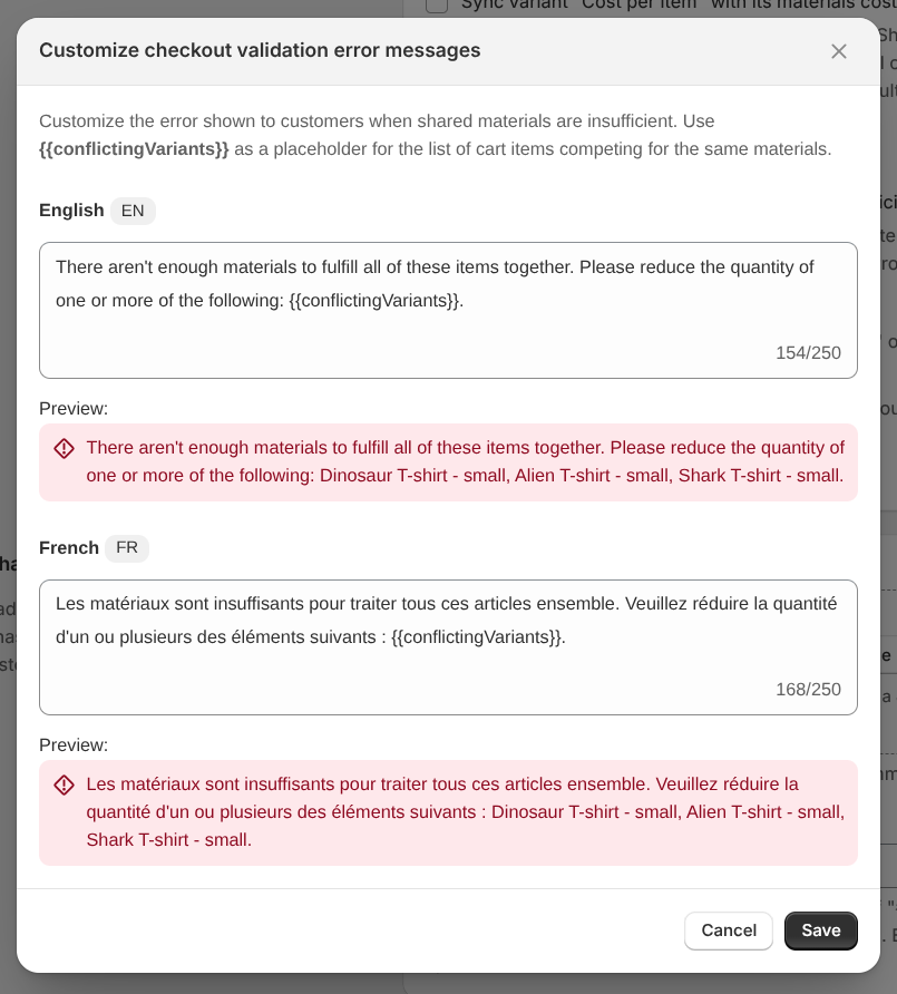Screenshot of the error message customization modal