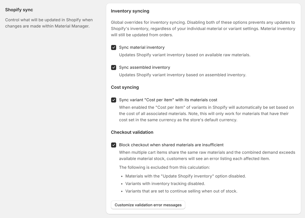 Screenshot of the checkout validation checkbox in Settings