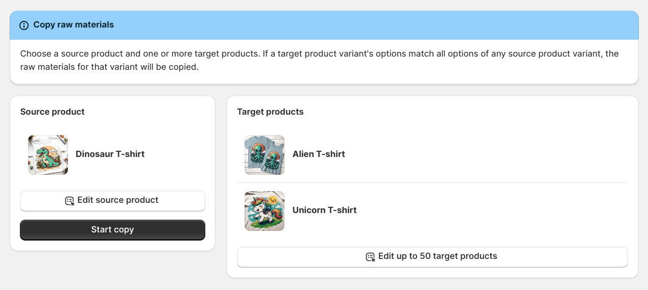 Screenshot of the start raw materials copy process