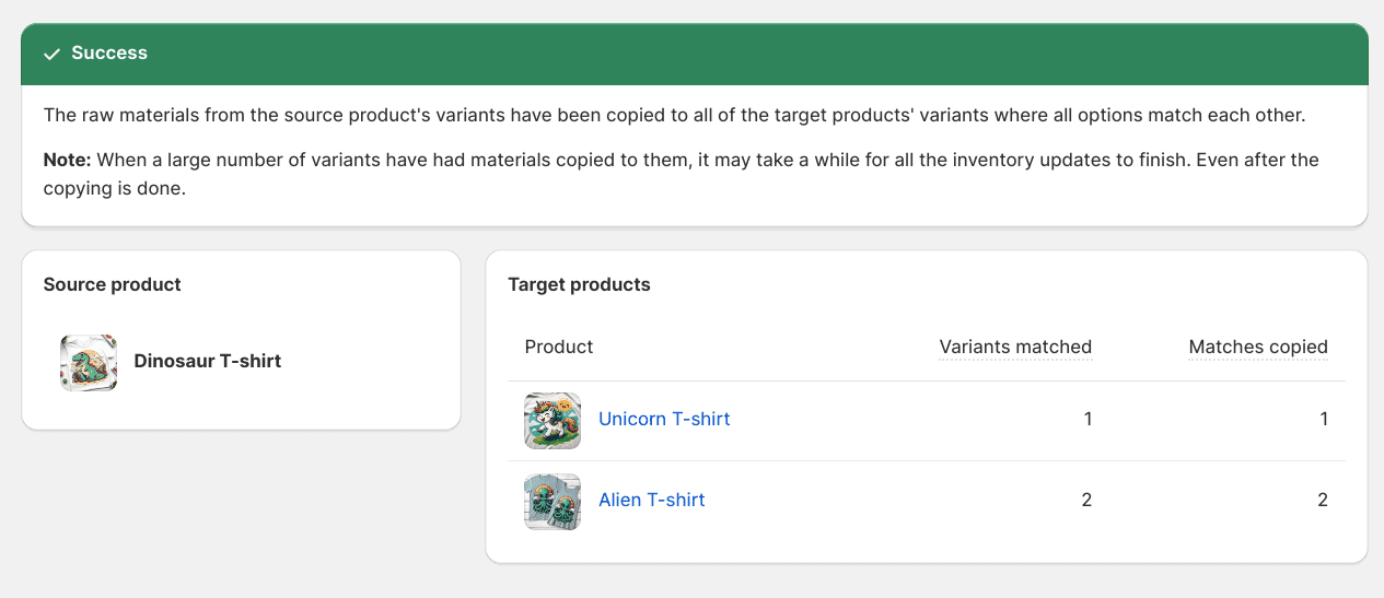 Screenshot of viewing the status of raw materials being copied