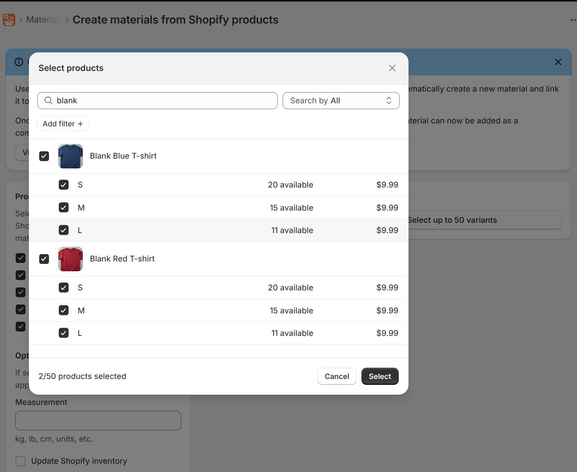 Selecting variants from Shopify