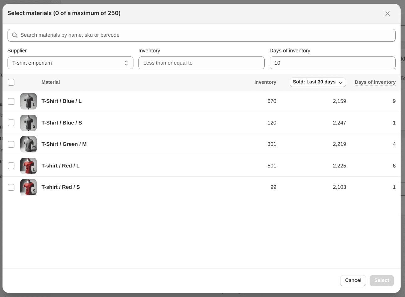 Screenshot of the material selector for the purchase order form in Shopify