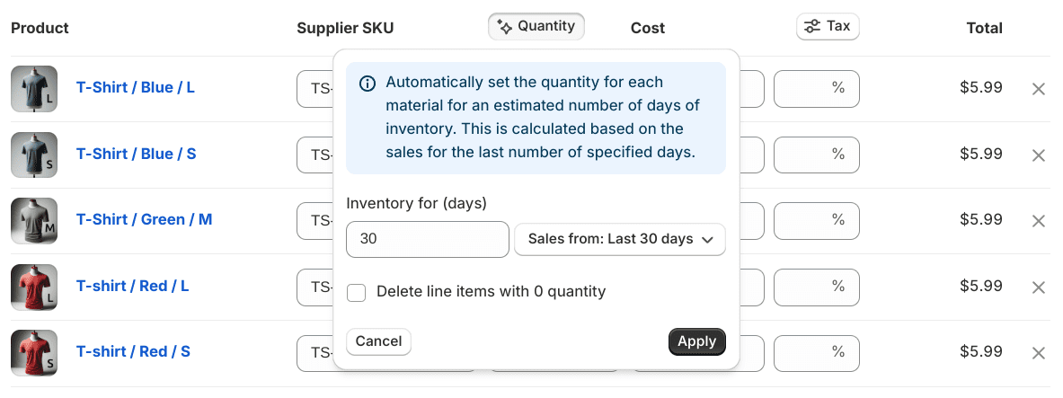 Screenshot of editing line items for the purchase order form in Shopify