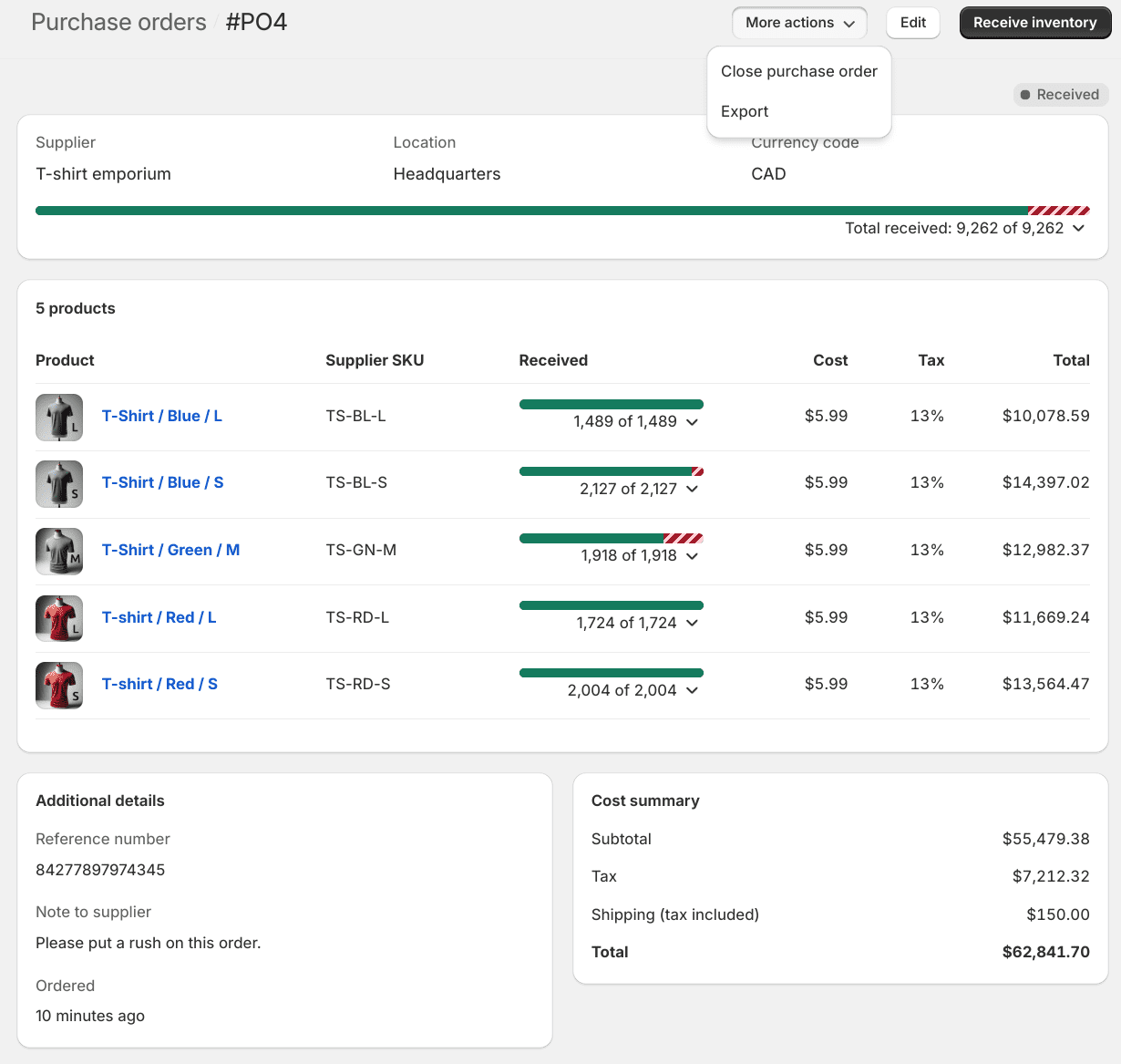 Screenshot of closing a purchase order in Shopify