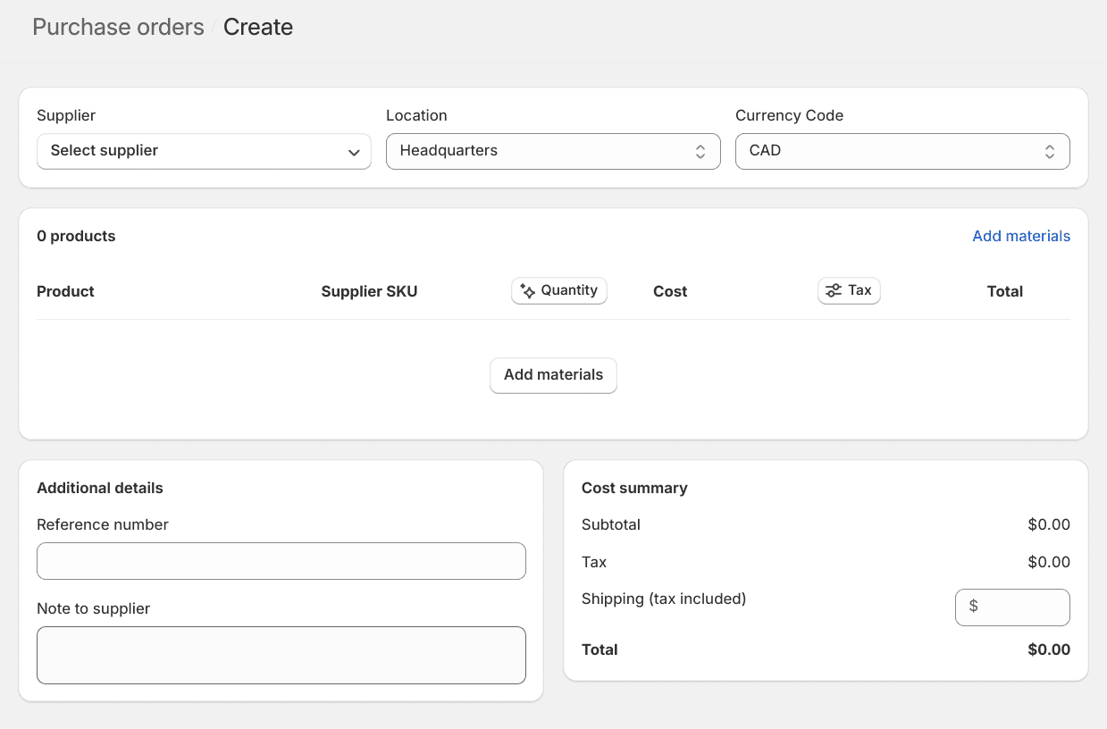 Screenshot of the create purchase order form in Shopify