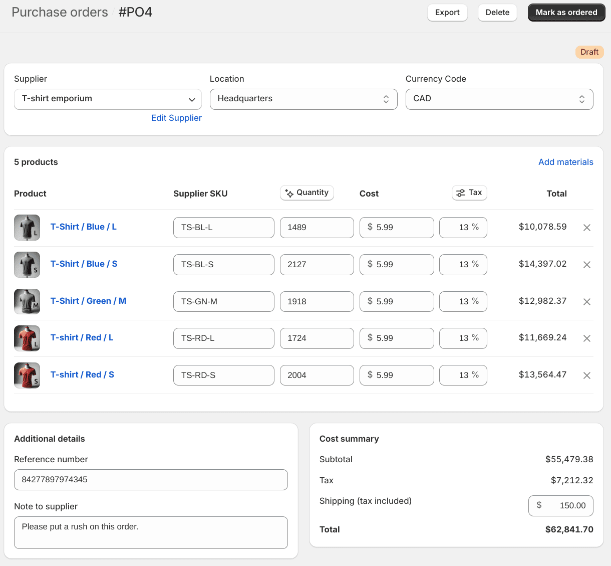 Screenshot of a draft purchase order form in Shopify