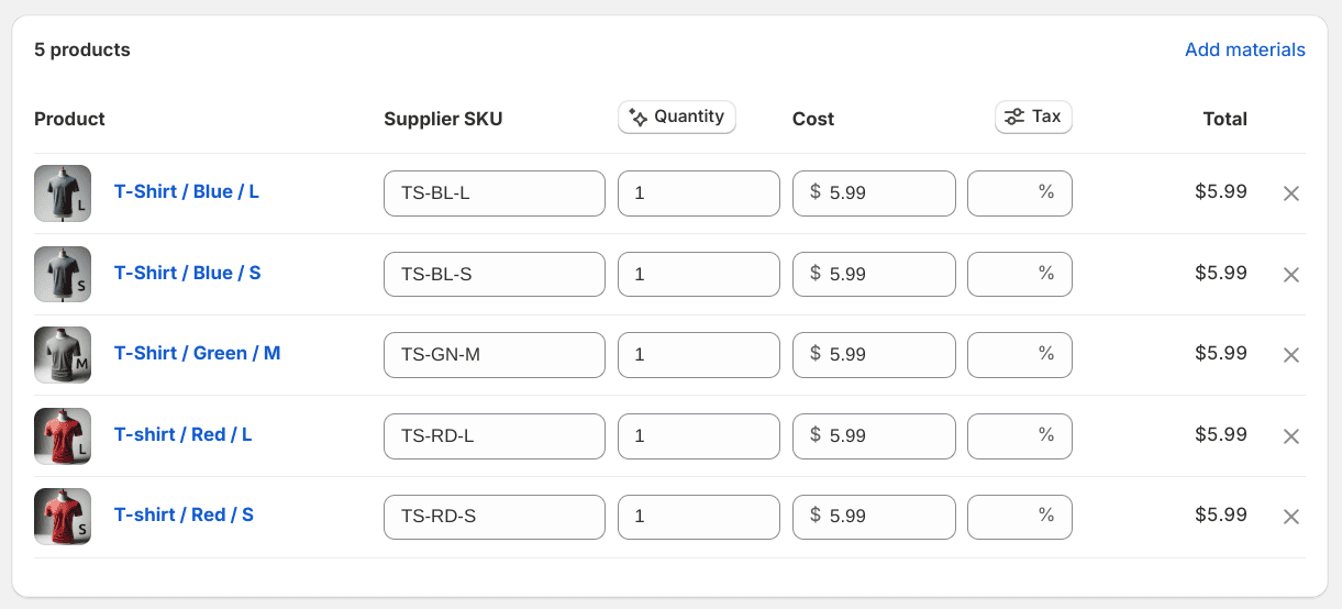 Screenshot of editing line items for the purchase order form in Shopify