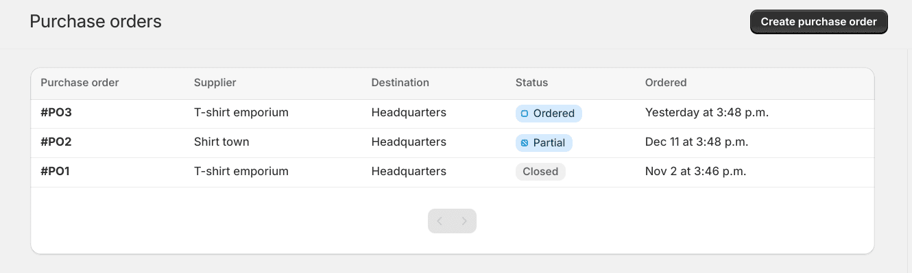 Screenshot of a list of purchase orders for raw materials in Shopify