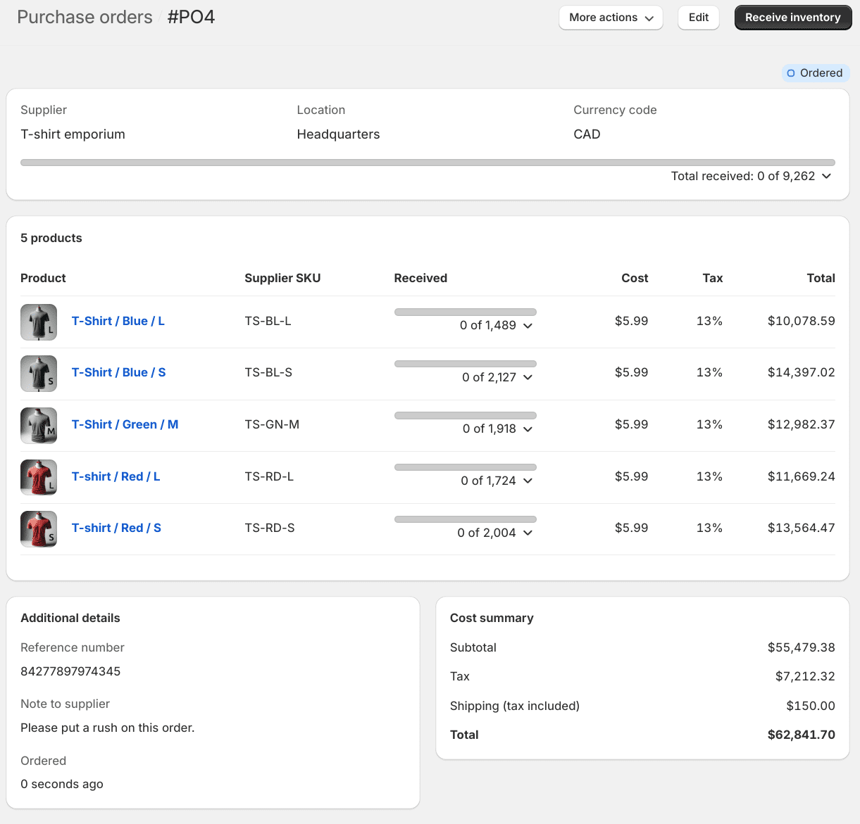 Screenshot of an ordered purchase order form in Shopify