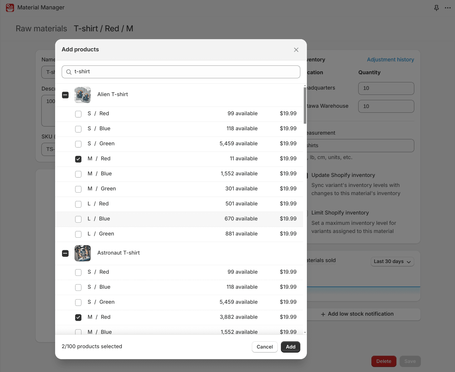 Product add dialog