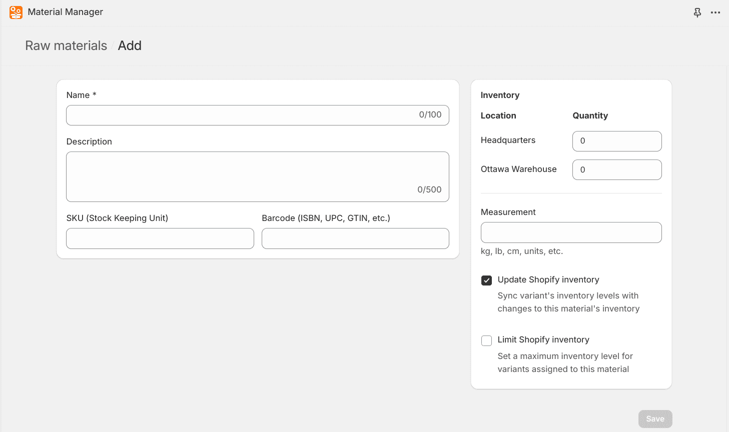 New raw materials screen