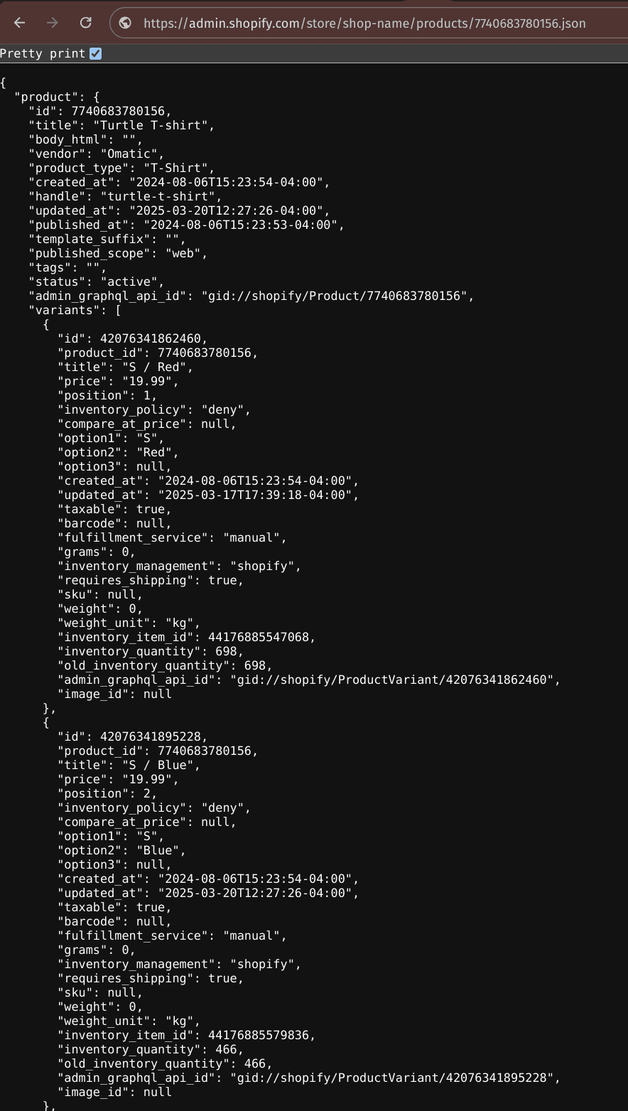 Screenshot of Shopify product json