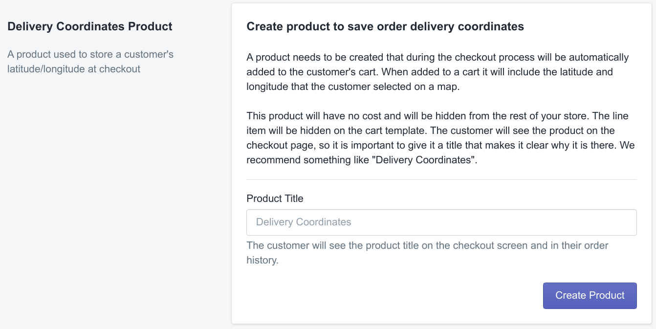Create delivery coordinates product